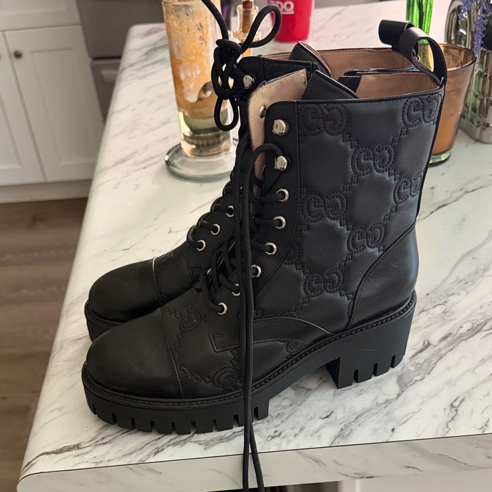 Gucci Black Quilted Monogram Lace-Up Combat Boots